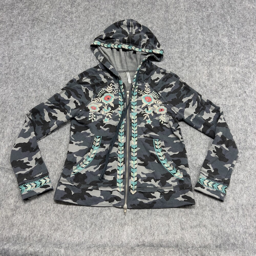 Mur Mur Hoodie Womens Small Camo Gray Embroidered Floral Full Zip Boho Jacket